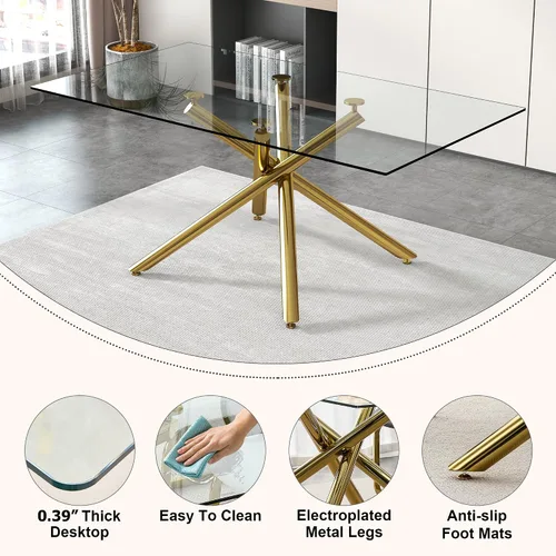 Miniatura 4 de Juego de 8 mesas de comedor de cristal, moderno juego de mesa de comedor de 71 pulgadas con 8 sillas de comedor tapizadas de piel sintética