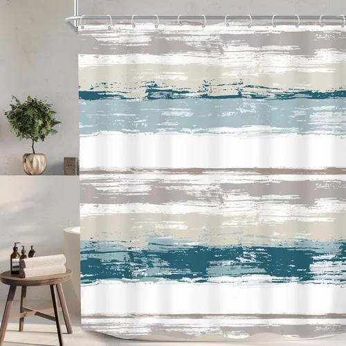 Miniatura 29 de KOMLLEX Cortina de ducha abstracta azul para decoración de baño, 72 pulgadas de ancho x 72 pulgadas de alto, moderna, a rayas blancas y grises