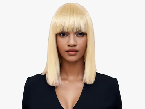 Miniatura 5 de Peluca de cabello humano lacio rubio 613 de 15 pulgadas con flequillo, sin pegamento, sin encaje frontal, Yaki Bob para mujer