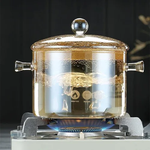 Miniatura 4 de Olla de vidrio transparente para estufa, sartén de doble asa con tapa para fideos de pasta, sopa, leche, preparación de alimentos para bebés o Ámbar