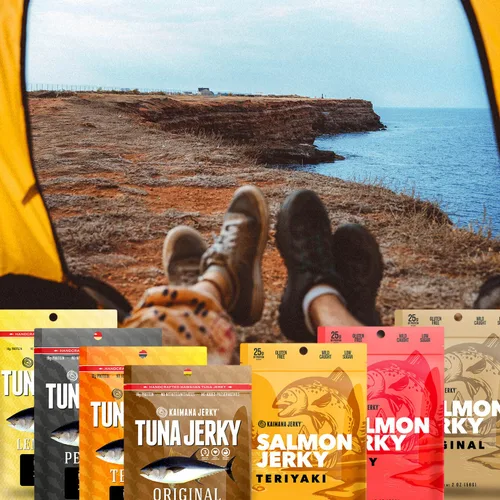 Miniatura 5 de Kaimana Jerky Ahi - Paquete de muestra de atún y salmón - Cecina de pescado totalmente natural y capturada en la naturaleza. Fabricado en Estados