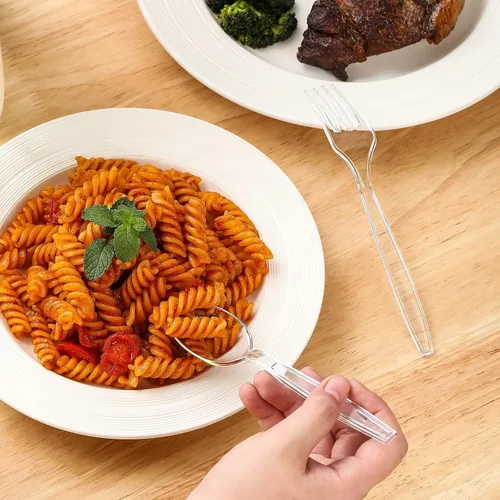 Miniatura 3 de Juego de 400 tenedores y cucharas de plástico transparente a granel, cucharas y tenedores desechables resistentes, cubiertos de plástico para fiestas