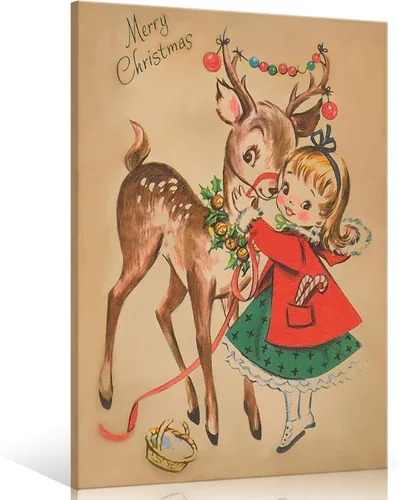 Miniatura 10 de Huabsad Arte de pared vintage de Navidad, regalos retro para niños, niñas lindas abrazando ciervos, impresiones estéticas de imágenes rústicas
