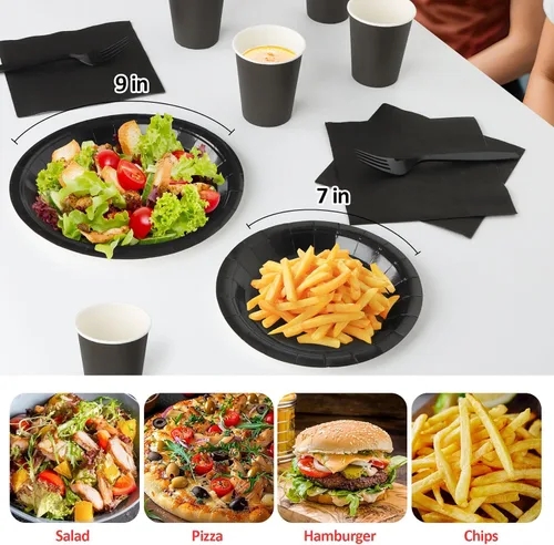 Miniatura 4 de Platos y servilletas de papel negro, platos desechables para fiestas, incluye platos de 7 y 9 pulgadas, tazas, servilletas, tenedores, suministros
