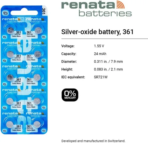 Miniatura 2 de Renata 361 SR721W Baterías – 1.55 V Óxido de Plata 361 Batería de reloj (2 unidades)