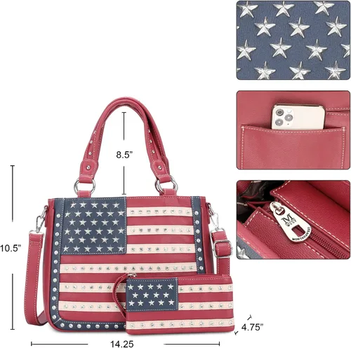 Miniatura 5 de Montana West Bolso patriótico con tachuelas para mujer, bolso de mano con bandera estadounidense y bolso cruzado