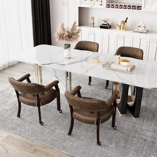 Miniatura 6 de Juego de 8 sillas de cuero de comedor con ruedas y brazos, silla de capitán Accent con ruedas, sillas de madera con ruedas enrollables para cocina