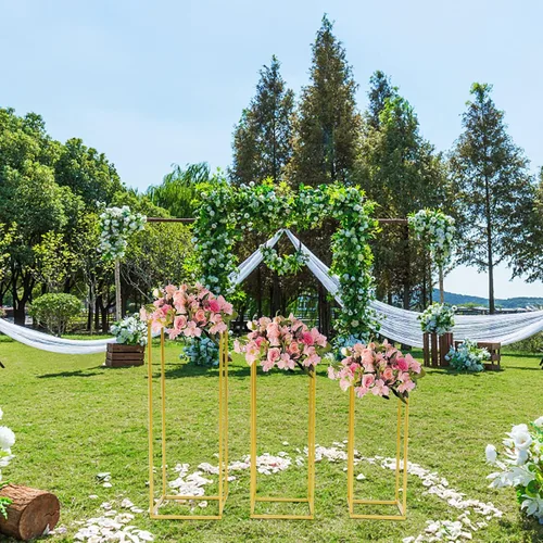 Miniatura 6 de LOYALHEARTDY 3 piezas de soporte de flores doradas para boda, jarrón de metal, soporte de columna, jarrón geométrico para centro de mesa, jarrón