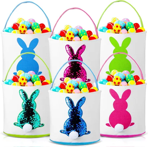 Miniatura 9 de Saintrygo 6 bolsas de cesta de conejo de Pascua para niños, cesta de caza de huevos de Pascua con asa, bolsas de regalo, cubo de transporte, Bright