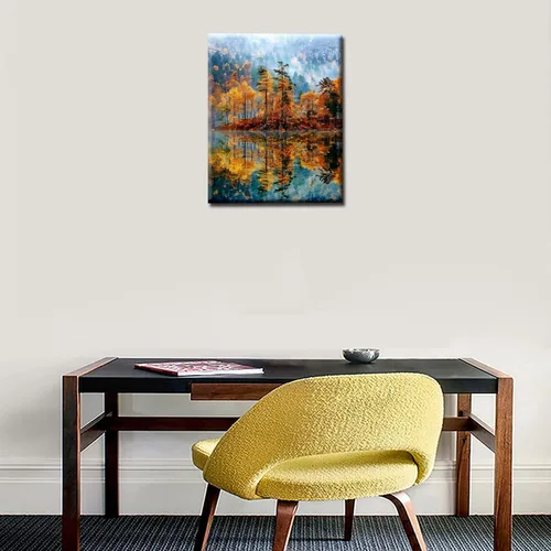 Miniatura 2 de Pintura enmarcada con árbol del bosque amarillo por números para adultos, niños, principiantes, kit de pintura de río de montaña, 16 x 20 pulgadas