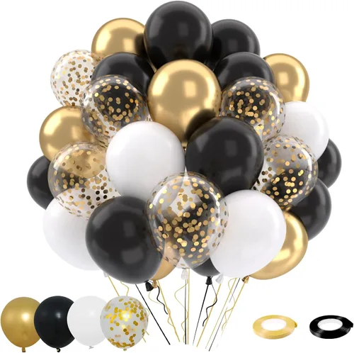 Patimate Juego de globos de confeti negro y dorado, kit de 50 piezas de globos de látex de confeti metálico dorado negro y blanco de 12 pulgadas