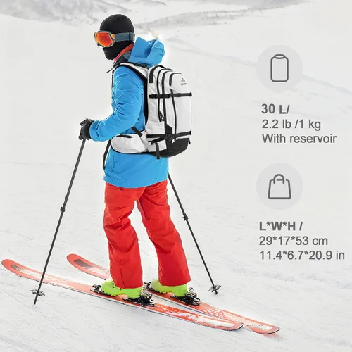 Miniatura 7 de SEMSTY Mochila de hidratación de esquí de 25 litros con vejiga de agua de 2 L, arnés aislado, mochila impermeable para viajes de snowboard, esquí