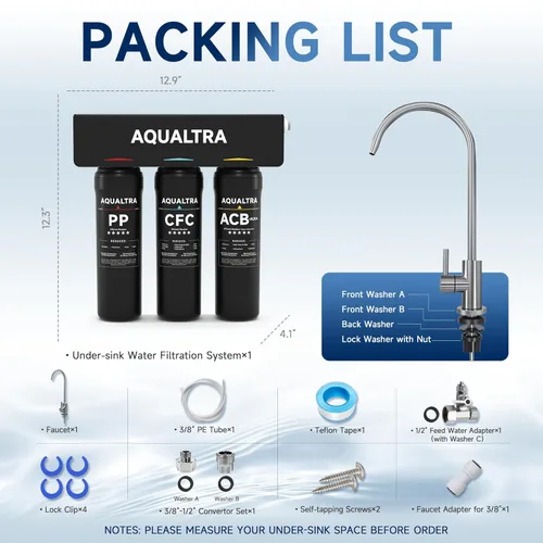 Miniatura 9 de AQUALTRA USF-3F-10 Sistema de filtro de agua ligeramente alcalino para debajo del fregadero, 8K-32K Gal con grifo, reduce PFOA, PFOS, cloro, plomo