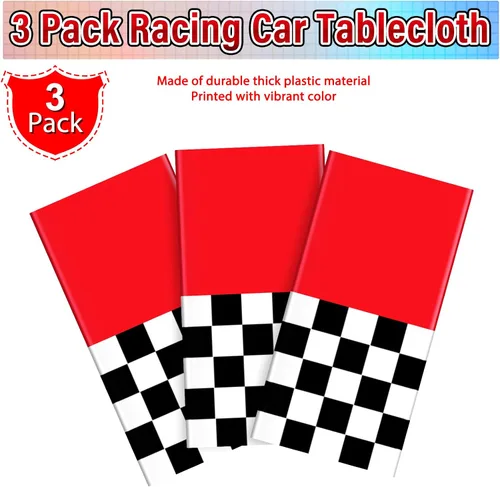 Miniatura 4 de Paquete de 3 manteles de plástico de auto de carreras, mantel desechable a cuadros rojos y negros, mantel rectangular a cuadros de búfalo