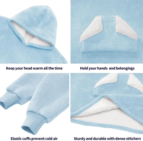 Miniatura 3 de Touchat Manta con capucha, sudadera de sherpa de gran tamaño con bolsillo y mangas para capucha, manta de felpa súper suave y cálida para niños, Azul