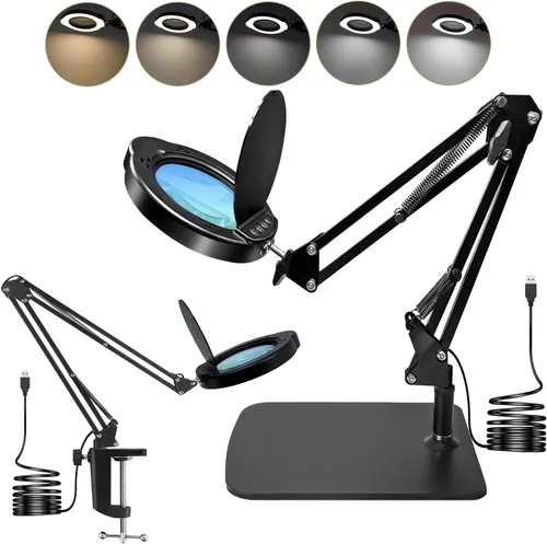 Lámpara de escritorio de lupa 15X con abrazadera y base, lente de vidrio real, 84 LED, 5 modos de color regulables, lupa LED con cubierta antipolvo,