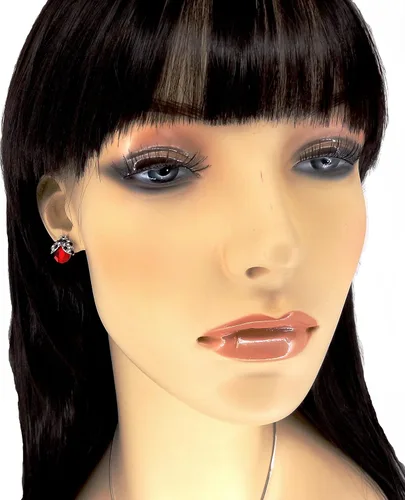 Miniatura 3 de Hermoso collar y aretes con colgante de mariquita en tono plateado, cadena de 19 pulgadas, joyería de moda en caja de regalo, Diamante de imitación