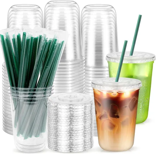 Miniatura 8 de 50 vasos de plástico transparente de 12 onzas con tapas y pajitas verde oscuro, fondo redondo desechables para llevar tazas de café helado, tazas