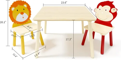 Miniatura 6 de Juego de mesa y silla para niños, juego de mesa de madera para niños con 2 sillas, mesa de actividades adorablemente animales para leer, dibujar