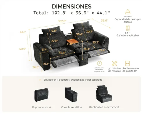 Miniatura 2 de Sofá reclinable eléctrico de 102.8 pulgadas con reposacabezas, sofá reclinable modular Cloud de gran tamaño con mesa, cajón de almacenamiento, Blanco
