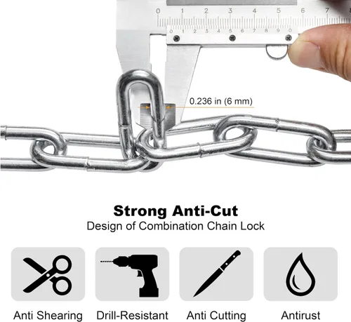 Miniatura 4 de Via Velo Candado de cadena para bicicleta, combinación reiniciable de 5 dígitos, cerradura antirrobo de bicicleta resistente, cerraduras