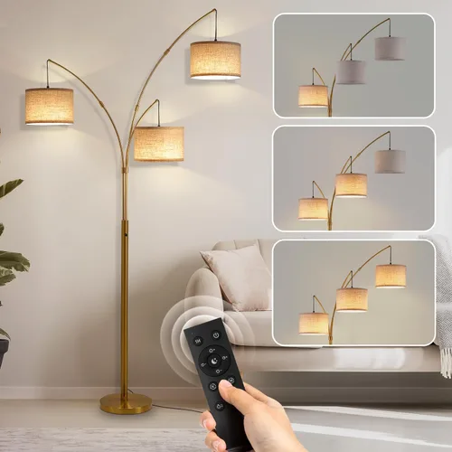 Lámparas de pie doradas para sala de estar, lámpara de pie de arco súper brillante con control remoto, 3 lámparas de pie altas con regulación Sombra
