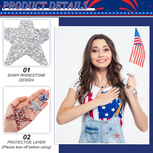 Miniatura 4 de Syhood 32 parches patrióticos de estrellas para planchar con purpurina y diamantes de imitación, apliques para decoración del día de los Caídos