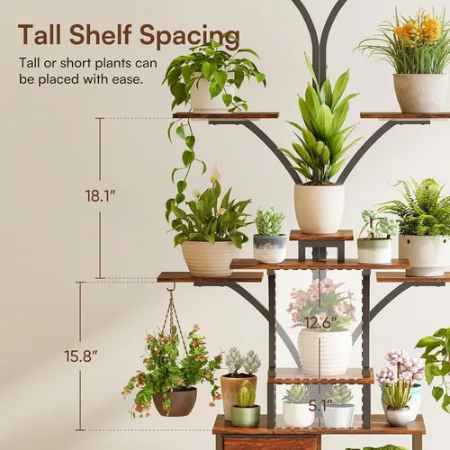 Miniatura 9 de Soporte para plantas de interior de 63 pulgadas con luces de crecimiento, estante de plantas de 10 niveles con cajón, soportes de esquina