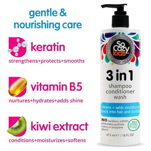 Miniatura 3 de SoCozy - Champú 3 en 1 para niños + acondicionador + gel de baño (16 onzas líquidas) limpiador suave e hidratante para cabello y cuerpo