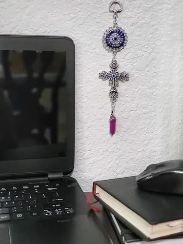 Miniatura 7 de LUCKBOOSTIUM Amuleto de cruz con incrustaciones de cristal azul y mandala azul de ojo malvado con piedra curativa colgante, dijes de naturaleza