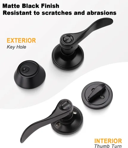 Miniatura 2 de 1 Paquete de Juego de Cerradura de Puerta Exterior con Palanca de Puerta de Cilindro Único, Manija de Puerta Negra con Cerrajo de Seguridad, Juego