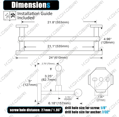 Miniatura 2 de KOKOSIRI Toalleros de baño de 24 pulgadas, soporte para toallas de baño de bronce aceitado, estantes de acero inoxidable montado en la pared