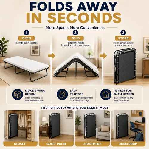 Miniatura 4 de Greaton, 14″ High Folding Guest Bed with 3″ Memory Foam Mattress – Sturdy Metal Frame, Easy Access for Seniors, Underbed Storage, Comfortable Bed
