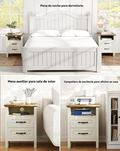 Miniatura 8 de Pipishell - Mesita de noche con estación de carga, mesa de cabecera de estilo granja con 2 cajones y almacenamiento abierto, mesa auxiliar rústica