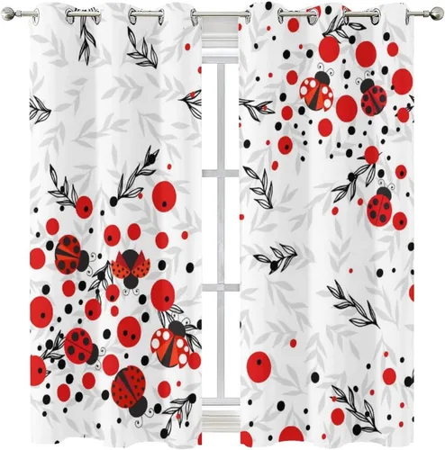Miniatura 8 de Cortinas opacas de estilo japonés de mariquita de dibujos animados, diseño de eucalipto de mariquita roja y negra, juego de tratamiento de ventana
