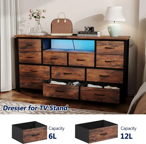 Miniatura 6 de LIVEHOM Cómoda Soporte para TV con toma de corriente y LED para TV de 45'', cómoda larga para dormitorio con 12 cajones, mesa consola ancha