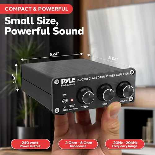 Miniatura 3 de Pyle - Mini amplificador estéreo Bluetooth para el hogar de 240 W, microreceptor compacto de 2 canales con diales de control de graves y agudos