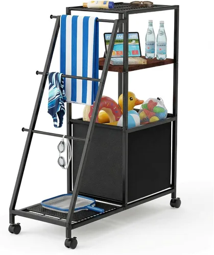 Canyave Carrito junto a la piscina con ruedas, toallero independiente para piscina, organizador rodante con contenedor de almacenamiento para