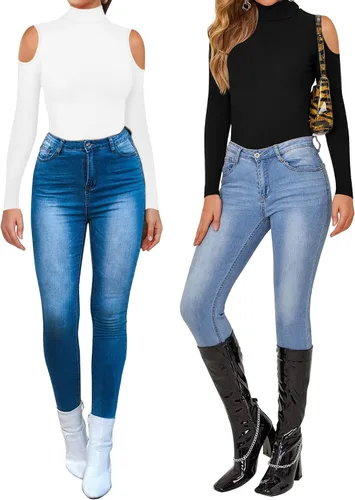Miniatura 4 de HERLOLLYCHIPS Camisetas de cuello alto falso para mujer, hombros descubiertos, manga cortalarga, de punto acanalado, ajustadas, elásticas, sexy