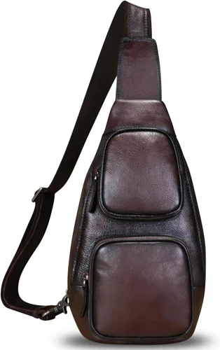 Miniatura 3 de FEIGITOR Bolso bandolera de cuero genuino, mochila cruzada retro hecha a mano, bolsa de pecho para senderismo, ciclismo, riñonera