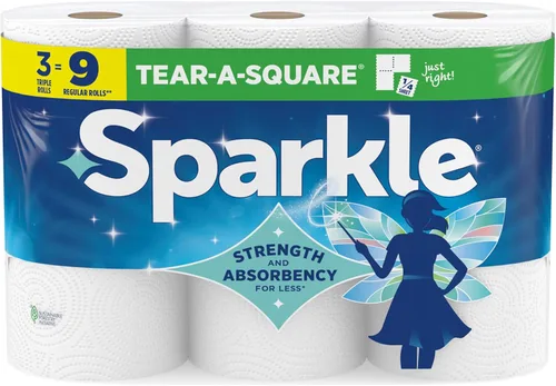Sparkle Tear-A-Square - Toallas de papel cuadradas, 3 rollos triples = 9 rollos regulares, toallas fuertes de 2 capas para limpieza de cocina y