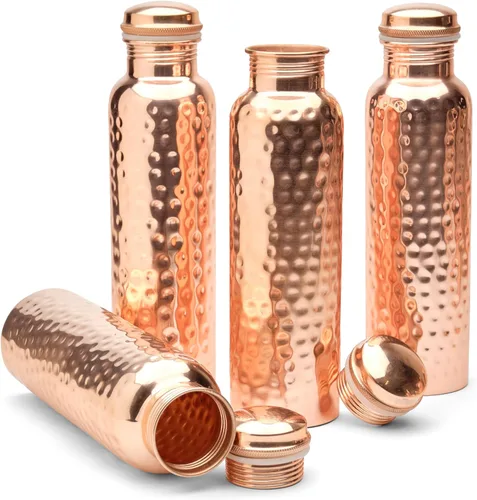 Advanced Mixology Juego de 4 botellas de agua de cobre martillado (34 onzas/33.8 fl oz), 100% cobre puro, beneficios para la salud ayurvédica,