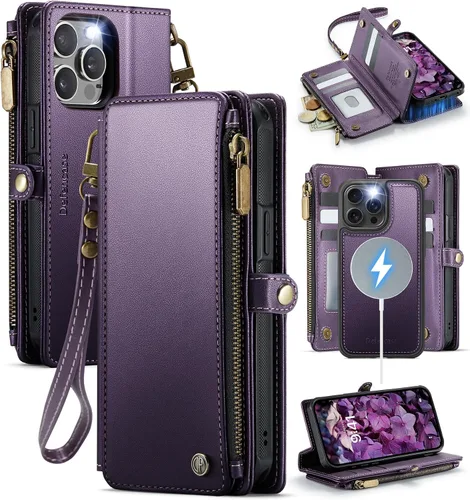 Miniatura 17 de Defencase Funda magnética para iPhone 13 Pro compatible con Magsafe con bloqueo RFID, correa de cremallera y tarjetero para mujer, funda de piel