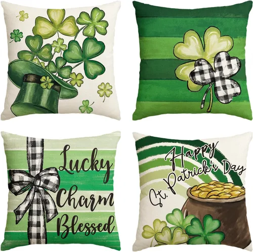 AVOIN colorlife Happy ST Patricks Day - Juego de 4 fundas de almohada con diseño de trébol con diseño de trébol y sombrero de la suerte, 16 x 16