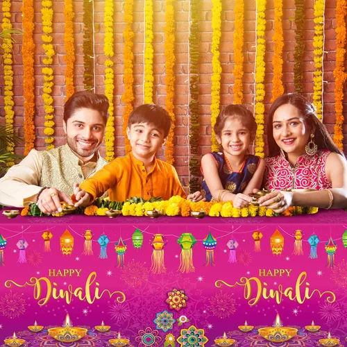 Miniatura 7 de Paquete de 3 manteles desechables Happy Diwali, mantel de plástico para mesas rectangulares, mantel Diwali para decoración india de Diwali