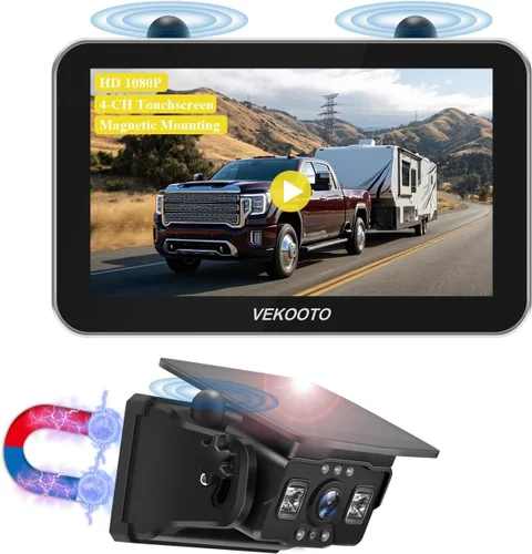 VEKOOTO VK7 Pro - Cámara magnética solar inalámbrica de respaldo, monitor de pantalla táctil IPS de 7 pulgadas, HD1080P, sin cableado, sistema de