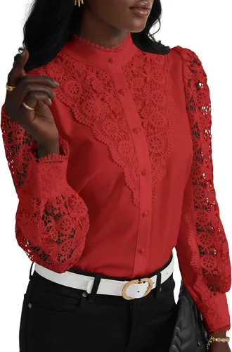 Miniatura 10 de Rooscier Blusa Elegante de Encaje de Crochet con Cuello Alto Simulado de Manga Larga con Botones para Mujer Top