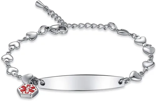 Miniatura 25 de mnmoom Pulseras de alerta médica para mujeres 6.5-8 pulgadas ajustables corazón links pulseras médicas con grabado
