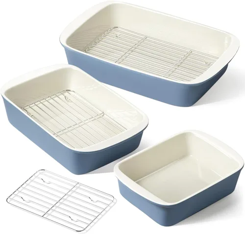 LE TAUCI Fuentes Hondas para Horno, Juego de Fuentes de Cerámica para Hornear de 13.7"x9.6" con Rejillas para Asar, Moldes Grandes para Lasaña con