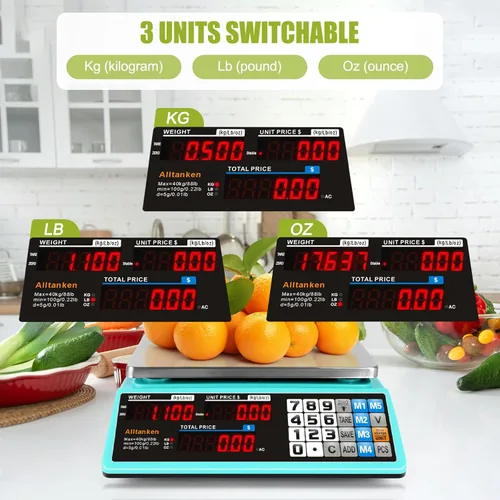 Miniatura 2 de Báscula comercial de alimentos de 88 libras / kilogramos/oz, escala de cálculo de precios con pantalla doble, recargable, placa reversible 88lb
